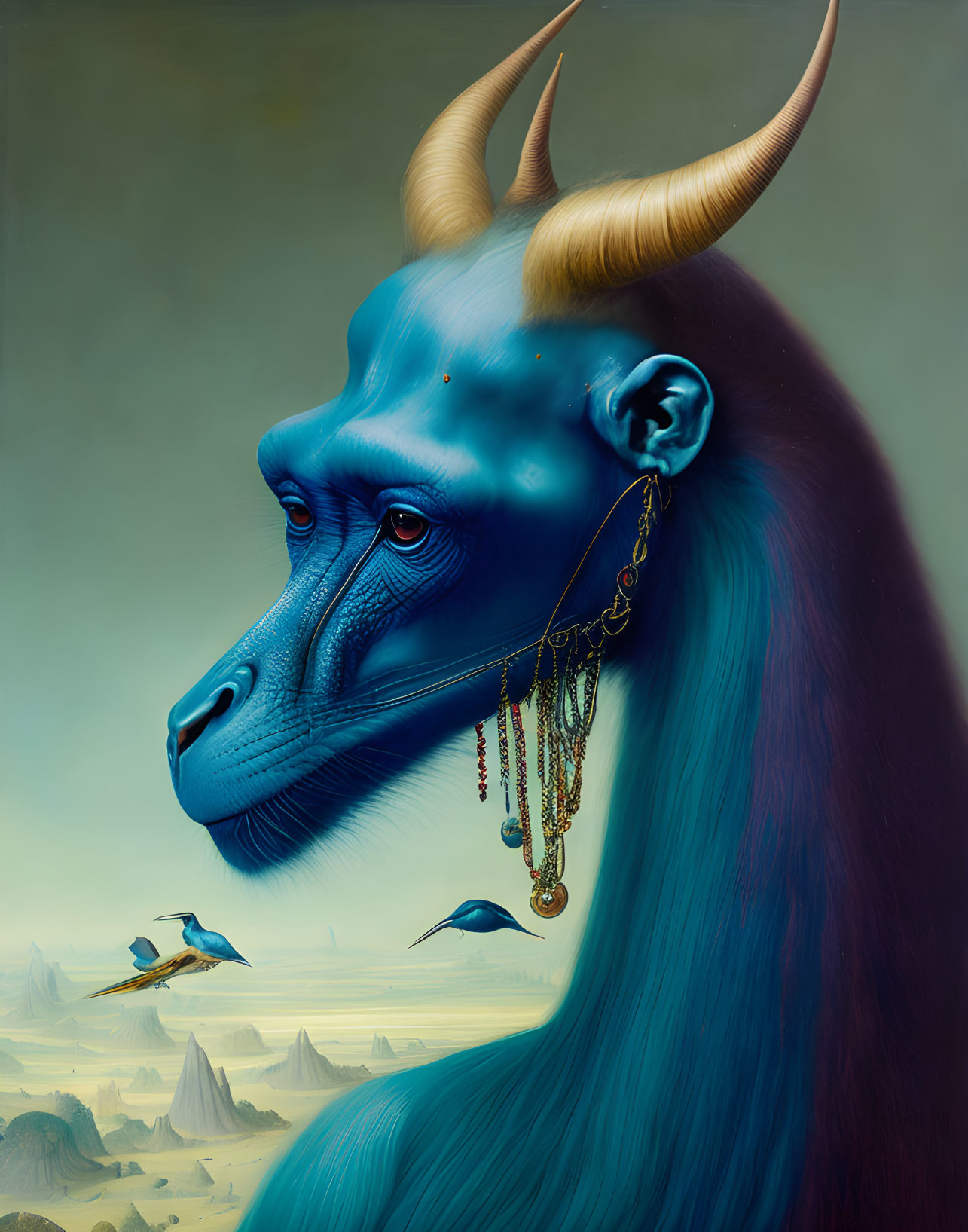 Blue anthropomorphic creature with monkey-like face, goat horns, red hair, bird earrings, birds,