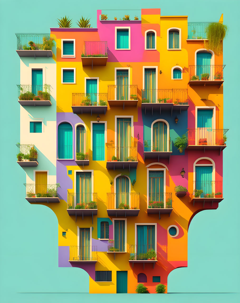 Colorful Apartment Building with Balconies and Plants on Turquoise Background