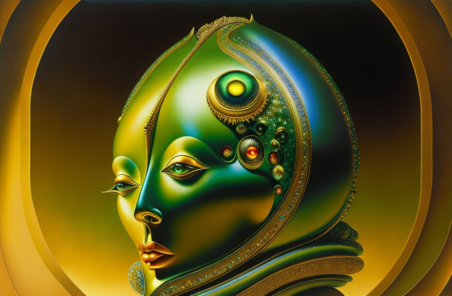 Surreal art: Green-skinned figure in ornate headdress on golden background