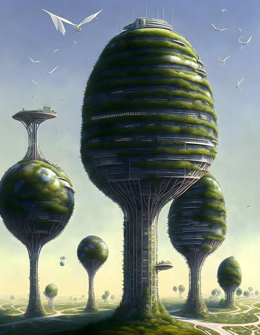 Green futuristic architecture with tree-like buildings, suspended gardens, and flying vehicles under a clear sky.