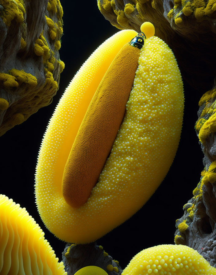 Banana slug on textured surface with mushroom-like structures