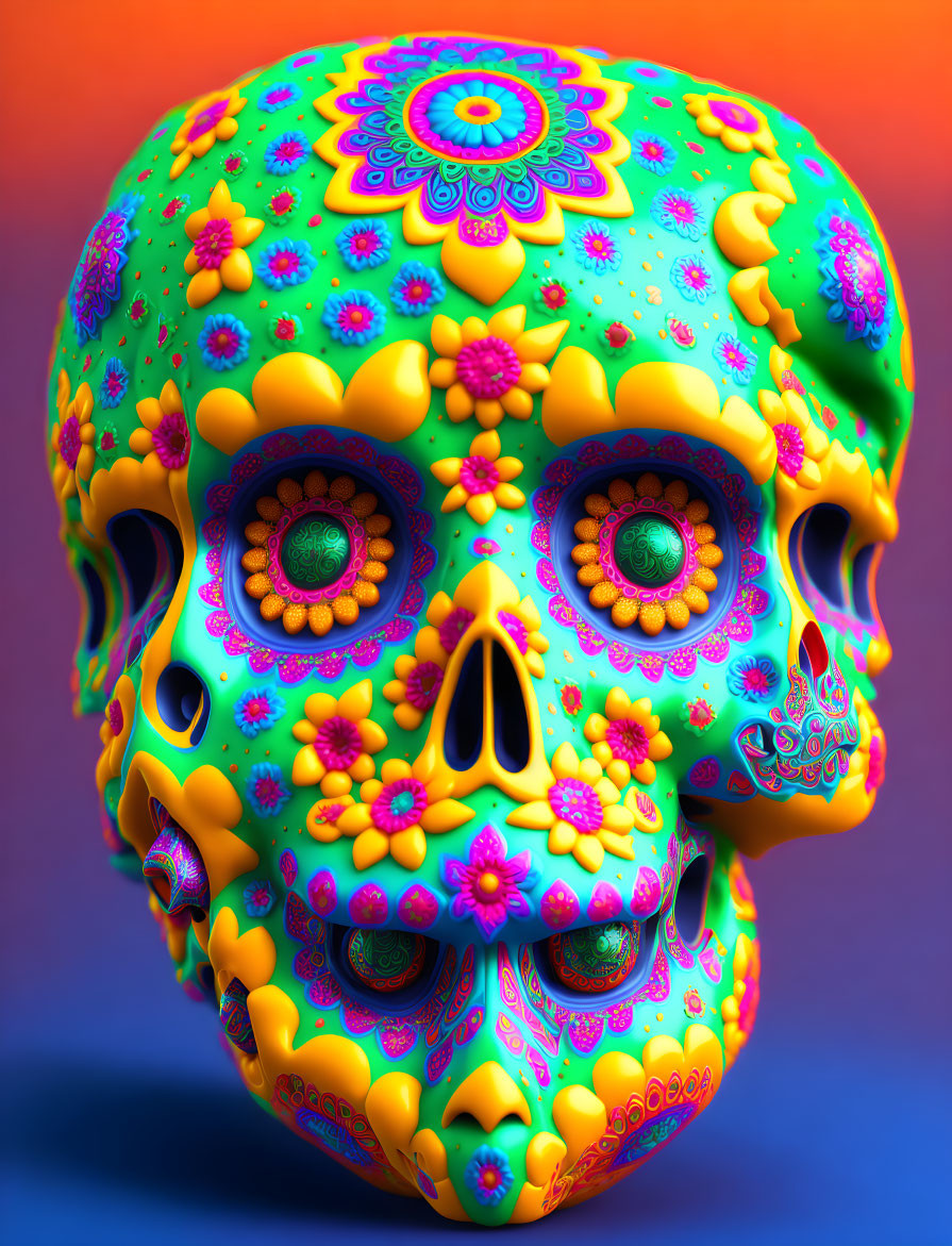 Colorful Floral Skull Artwork on Gradient Background in Green, Yellow, and Pink