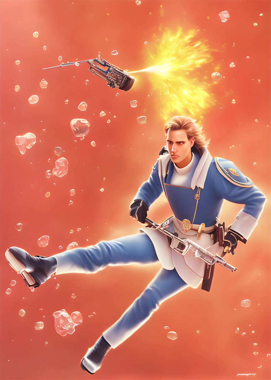 Illustration of man in blue space suit amidst debris with spaceship firing.