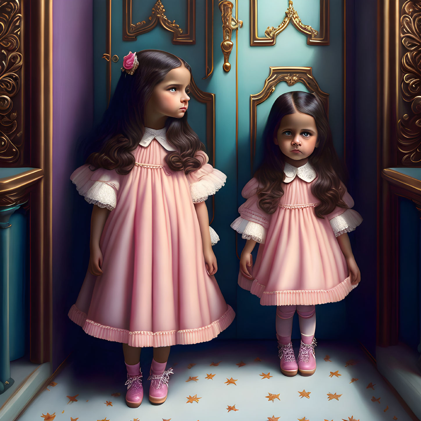 Two girls in pink dresses and boots in corridor with blue walls and fallen leaves