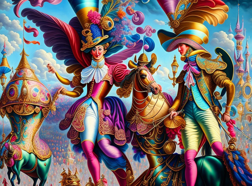 Colorful Characters in Elaborate Outfits Riding Adorned Horses