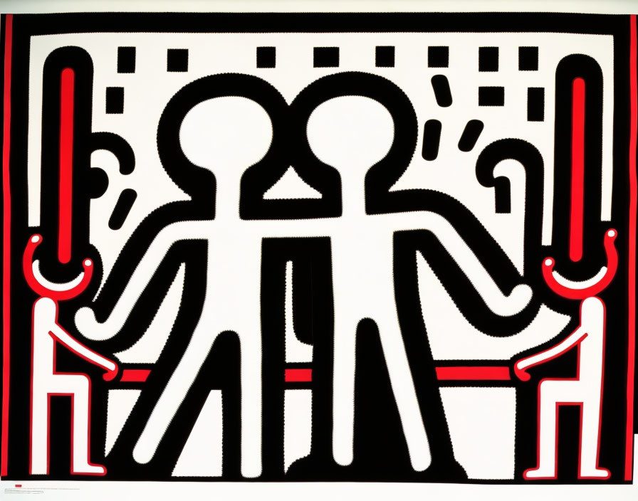 Abstract Silhouetted Figures Holding Hands in Black, White, and Red Patterns