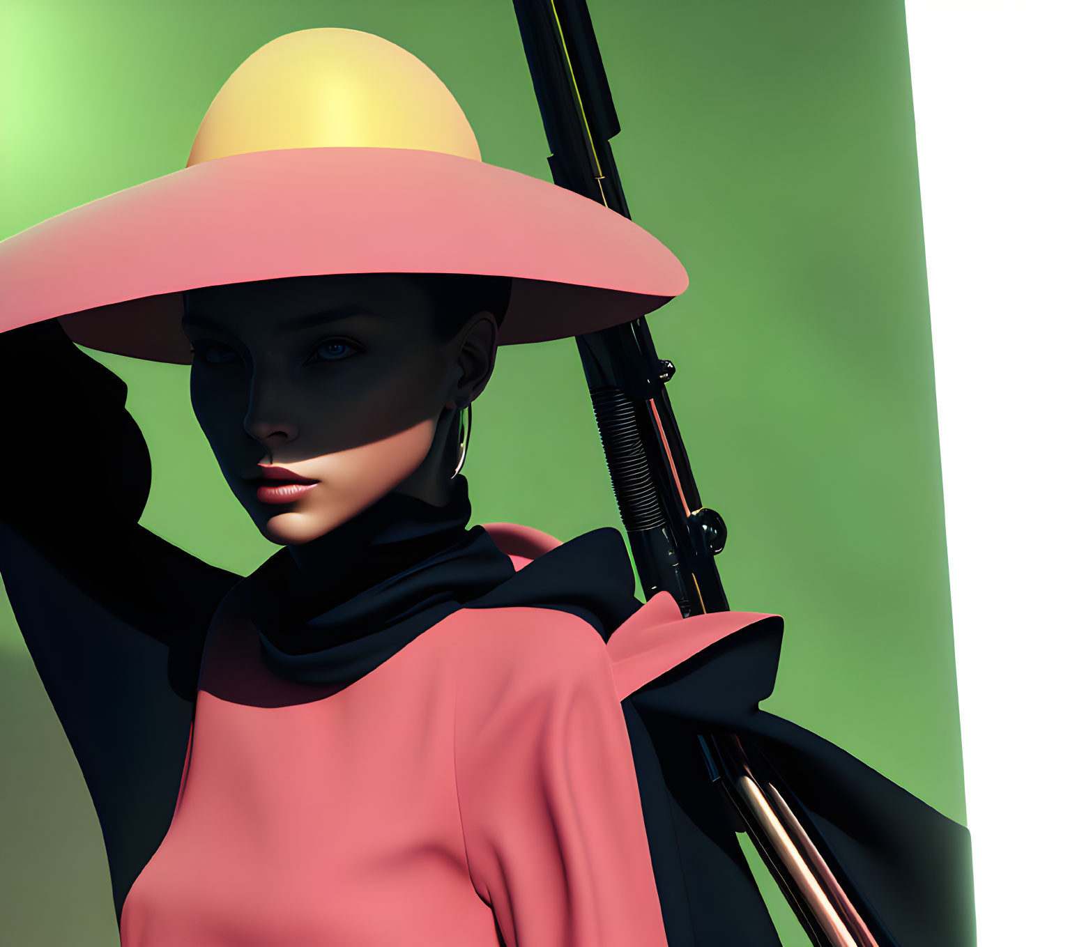 Stylized 3D Rendering: Pale-skinned Woman in Pink Hat and Turtleneck on