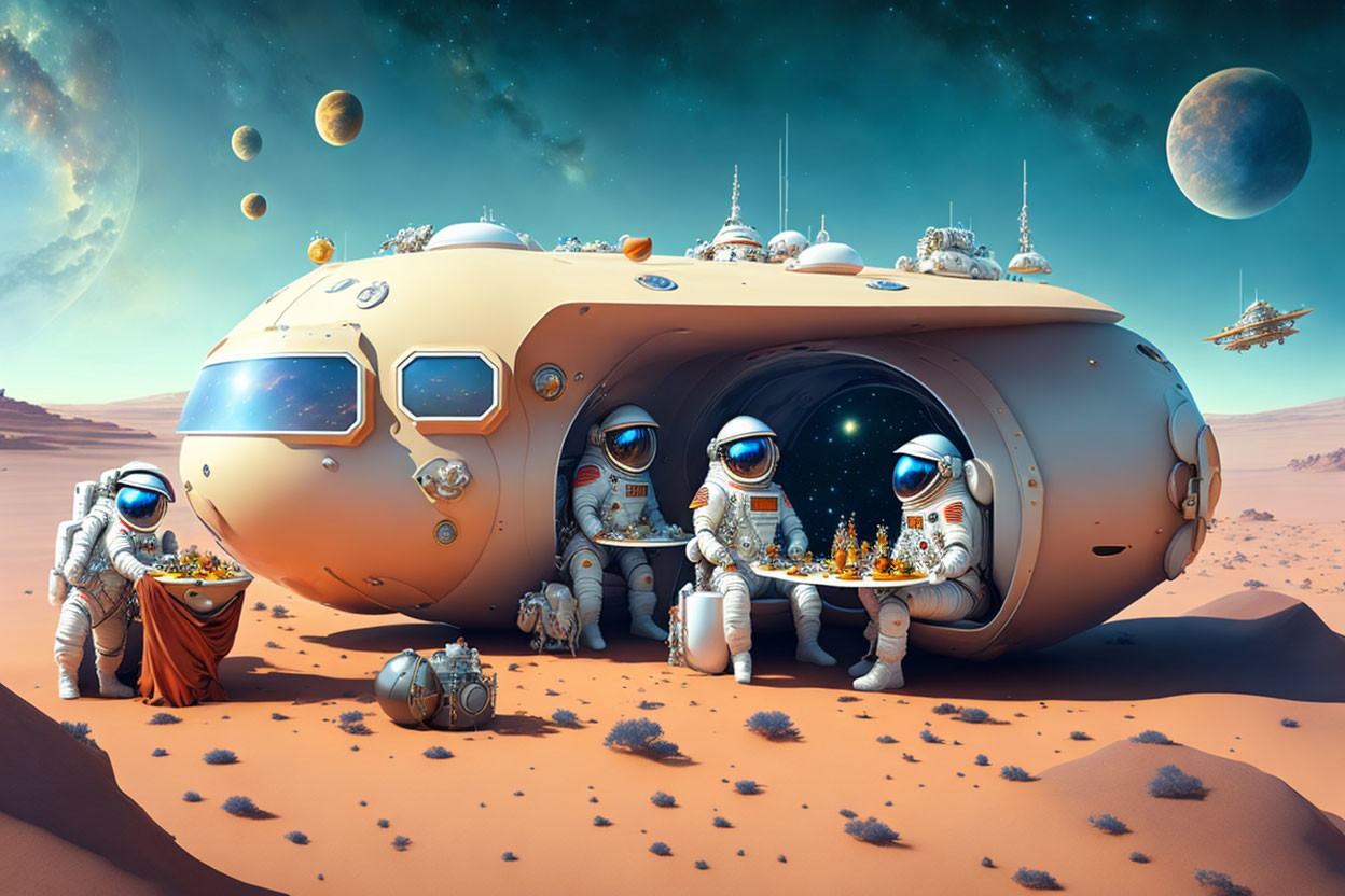 Astronauts dining in futuristic habitat on desert planet