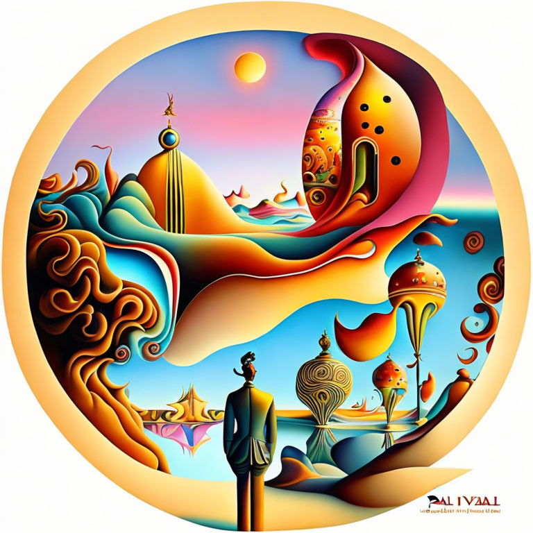 Surrealist landscape with warm colors and floating islands under crescent moon