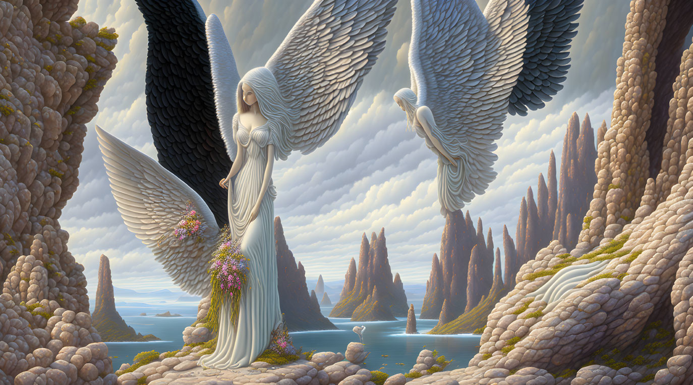 Fantastical landscape with angelic beings and rock formations