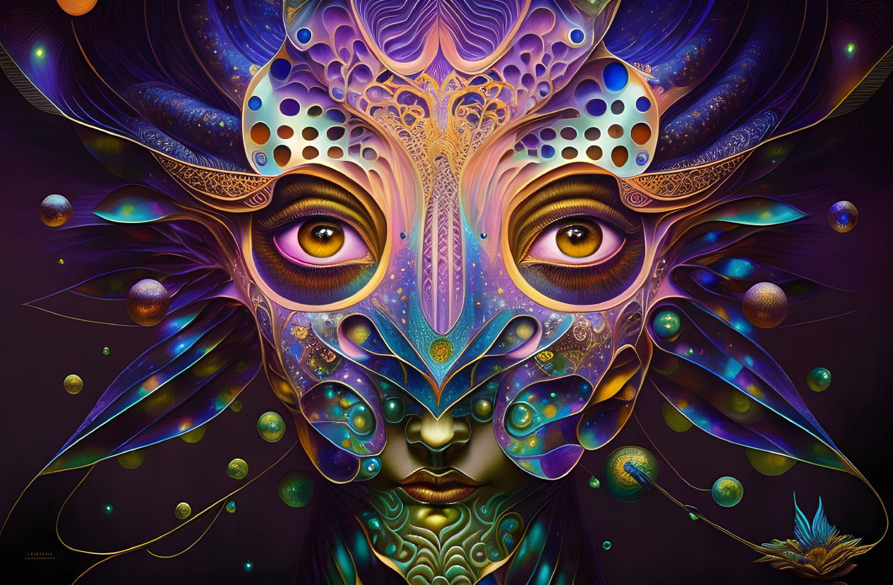 Symmetrical fantastical face with cosmic elements in purple, blue, and gold