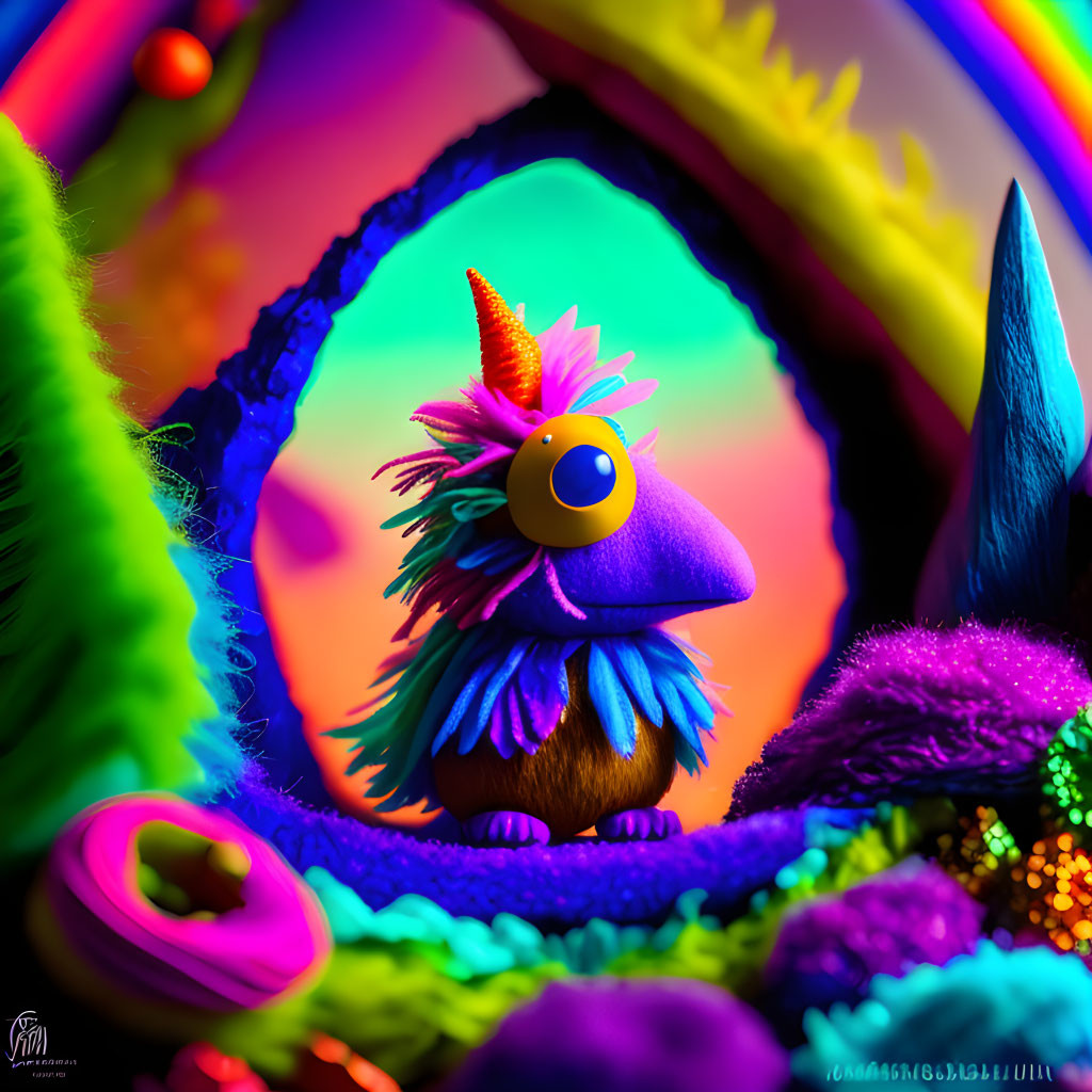 Whimsical creature with large eye, unicorn horn, and vibrant fantasy setting