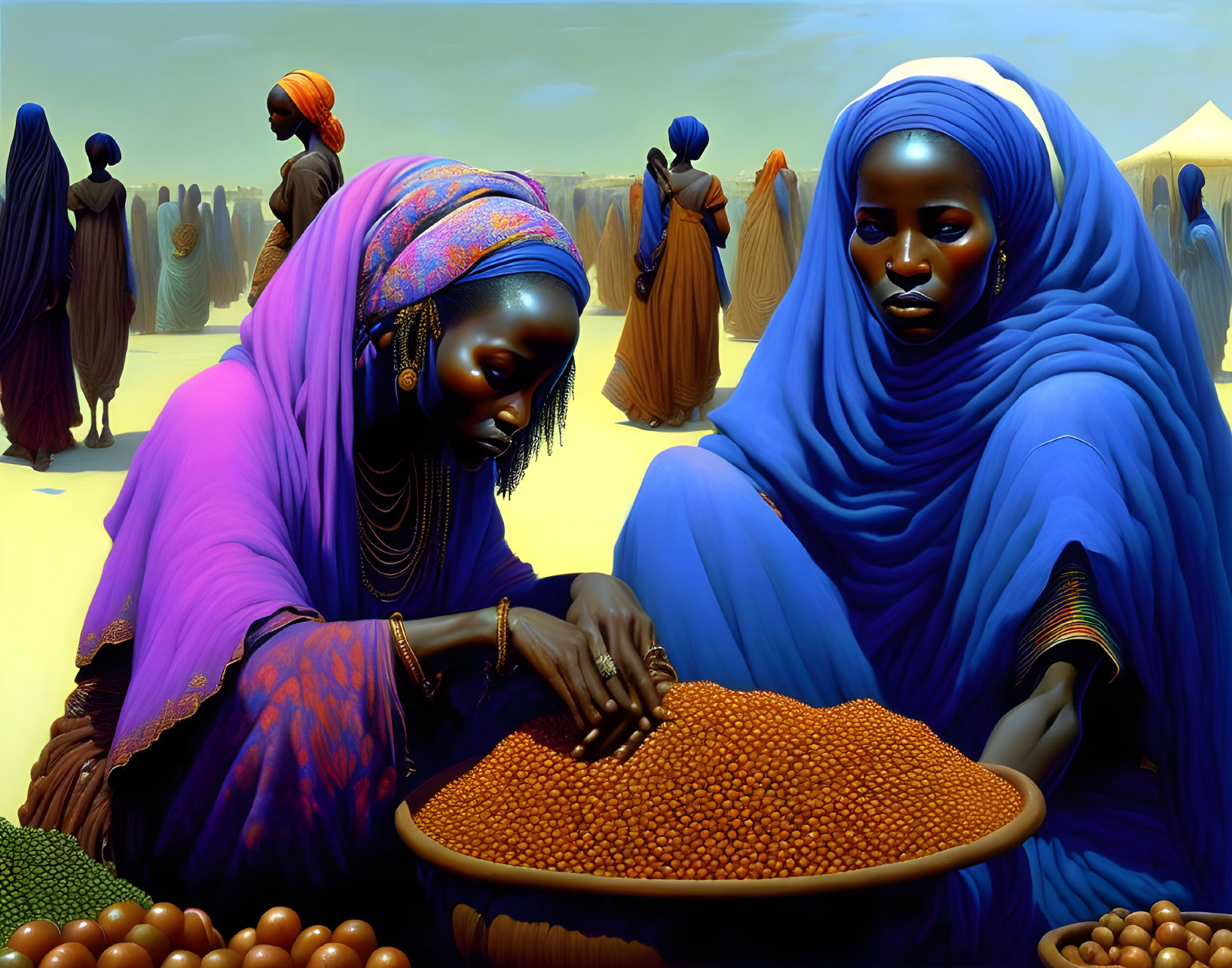 Women sorting orange grains in vibrant clothing under desert sky