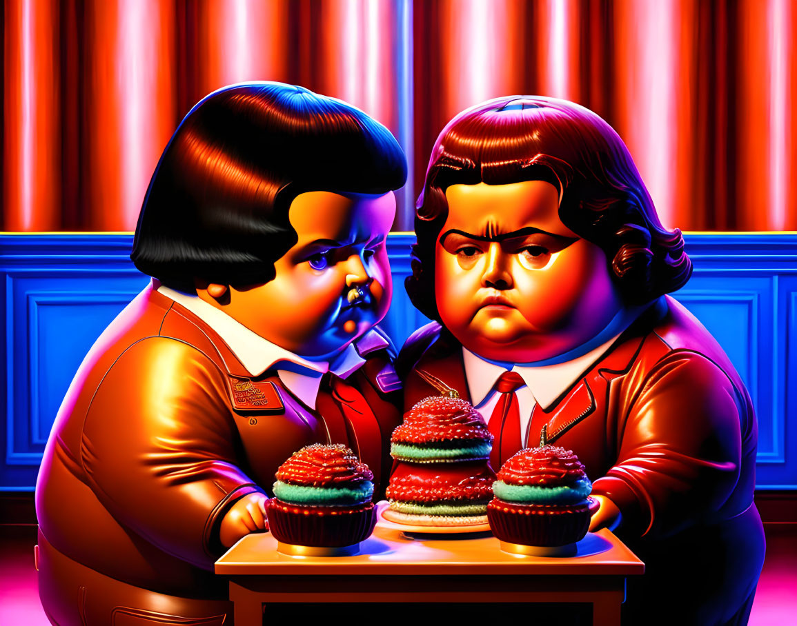 Exaggerated caricature figures in suits with colorful hamburgers on a table