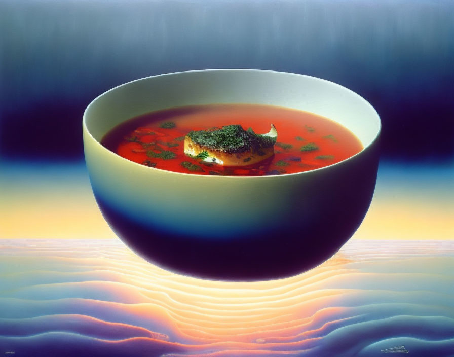 Surreal painting of floating bread and soup against water horizon