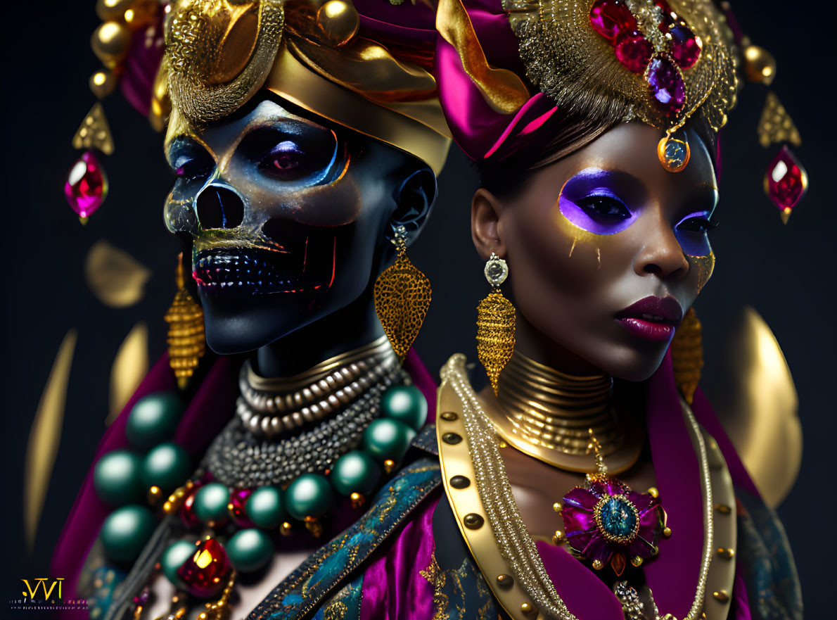 Half-face woman with skeleton and regal makeup on dark background