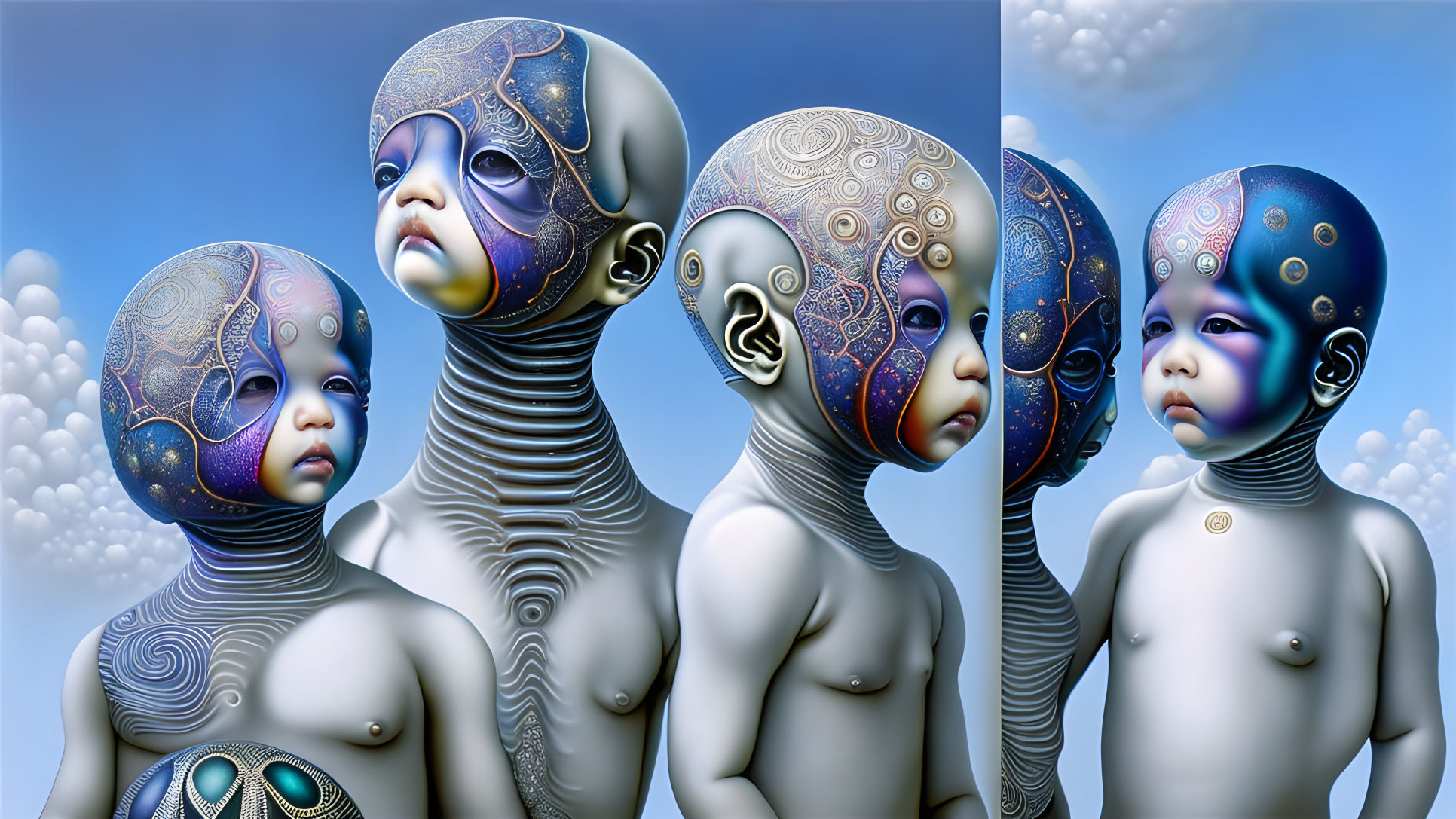 Four humanoid figures with intricate skin patterns and mechanical features in a surreal artwork against a cloudy blue sky