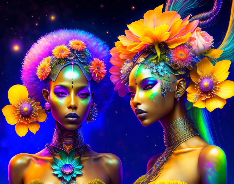 Vibrant figures with floral adornments and body paint on cosmic backdrop