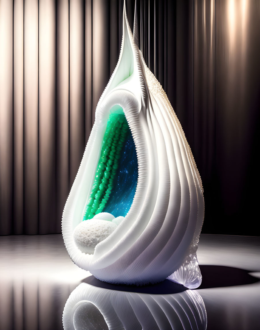 Reflective surface pear-shaped object with green and blue interior on striped background