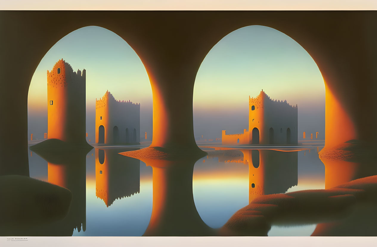 Symmetrical castle towers in surreal landscape at twilight