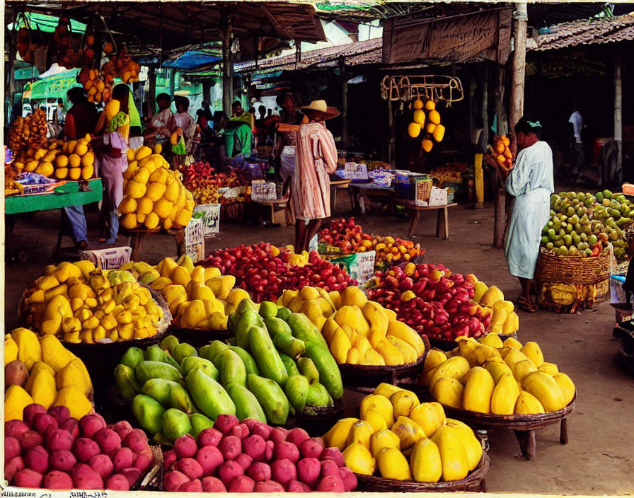 Colorful Fruit Market with Vibrant Stalls and Shoppers