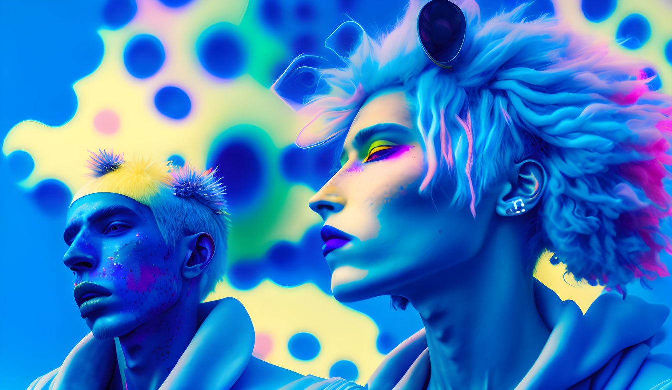 Vibrant blue and yellow body paint on two individuals against abstract backdrop