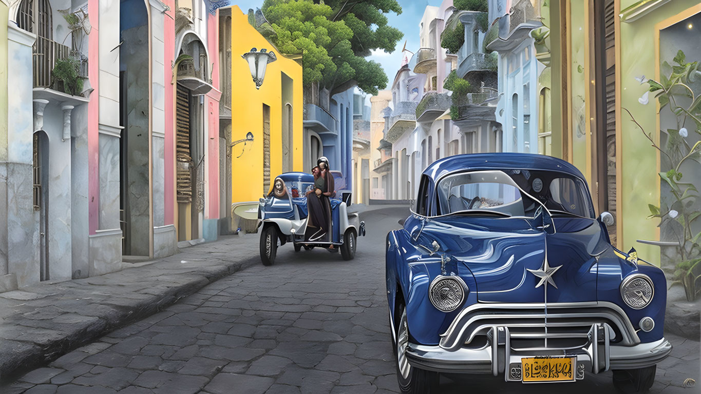 Classic Blue Car on Colorful Street with Colonial Buildings and Man on Scooter