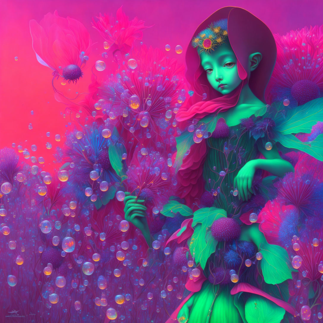 Surreal digital artwork of green-skinned female amidst pink and purple flora