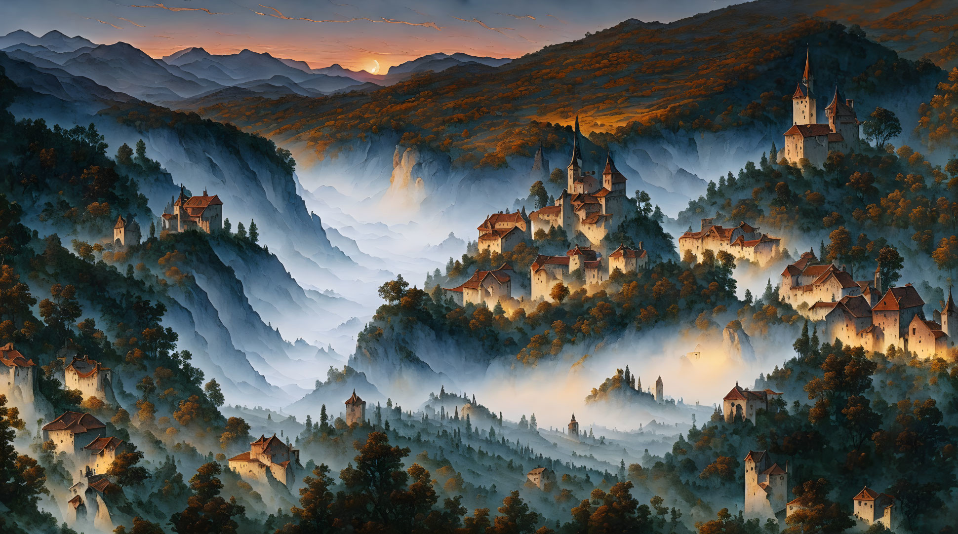 Fantasy landscape with castles, mist, and mountains at sunrise