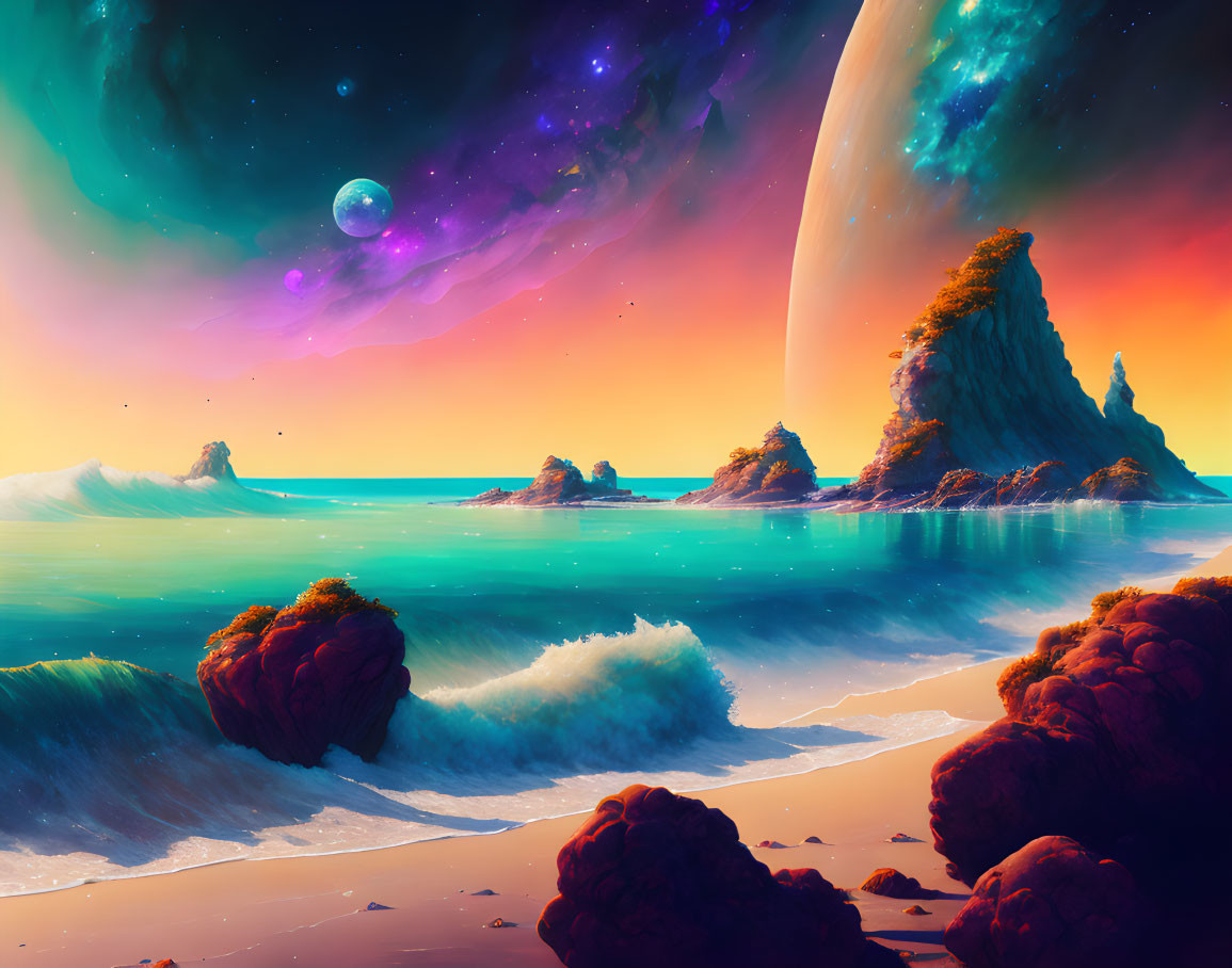 Colorful alien seascape with waves, red foliage, rocks, nebula, and planets