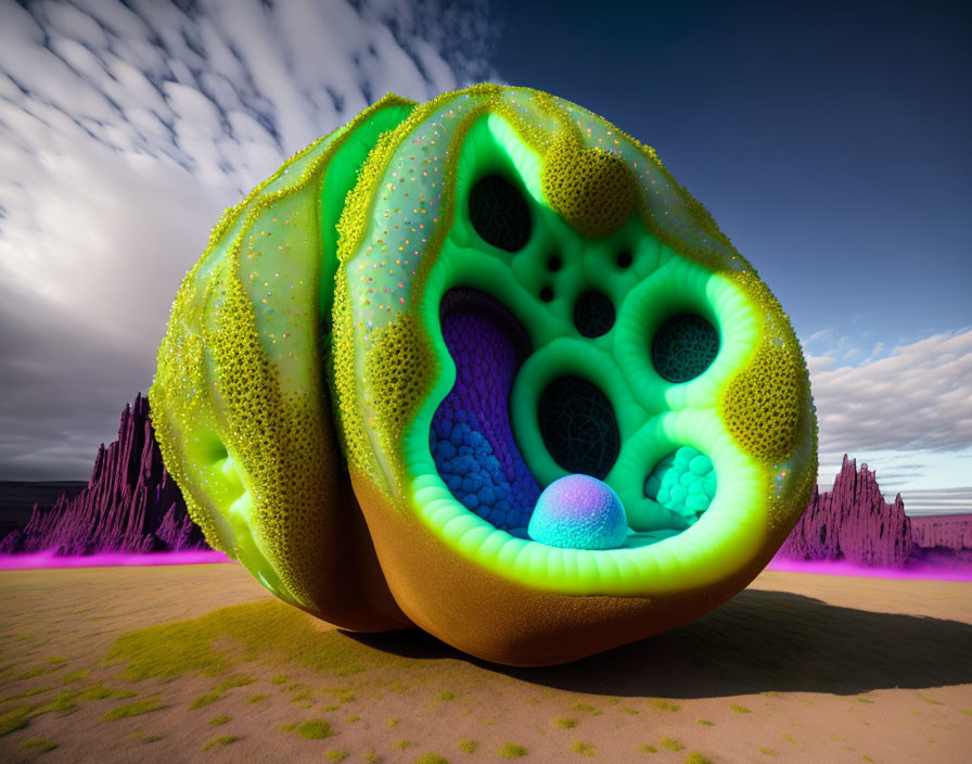 Colorful surreal 3D landscape with organic fruit-like structure and dramatic sky