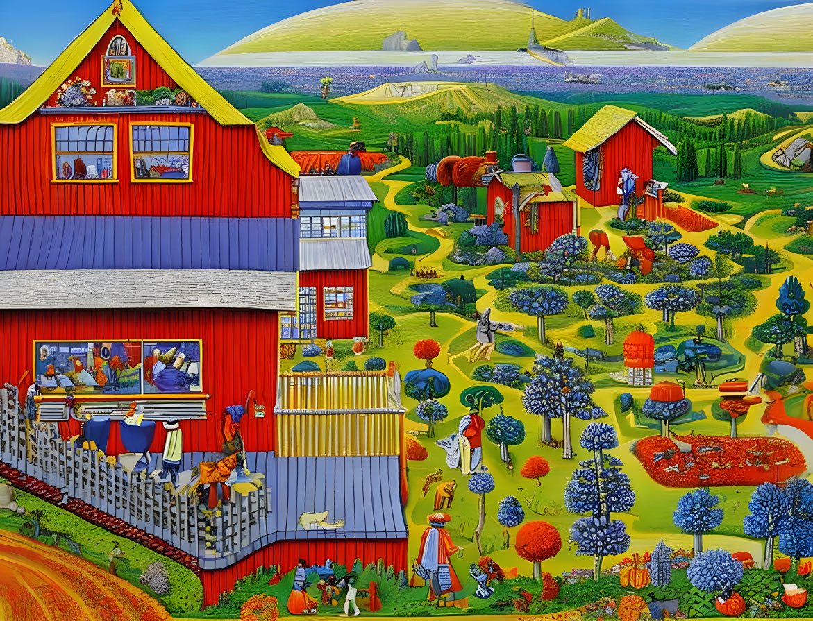 Vibrant farm scene with red barns, animals, and lush vegetation