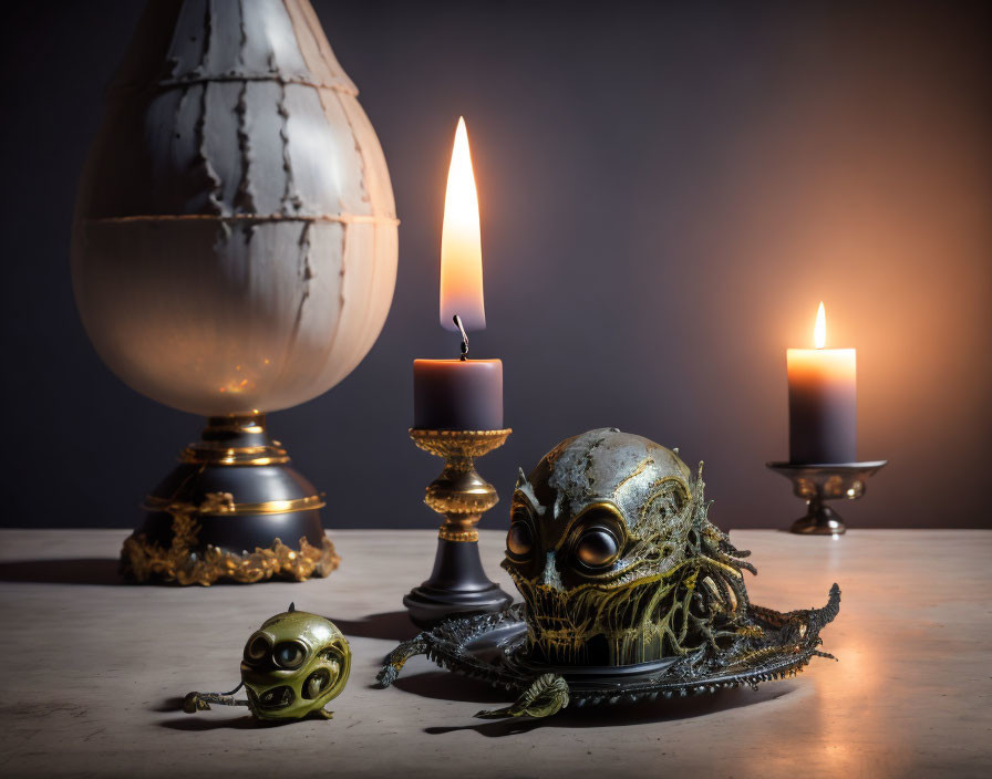 Eerie still life: cracked egg-shaped vase, candles, skull with octopus tentacles