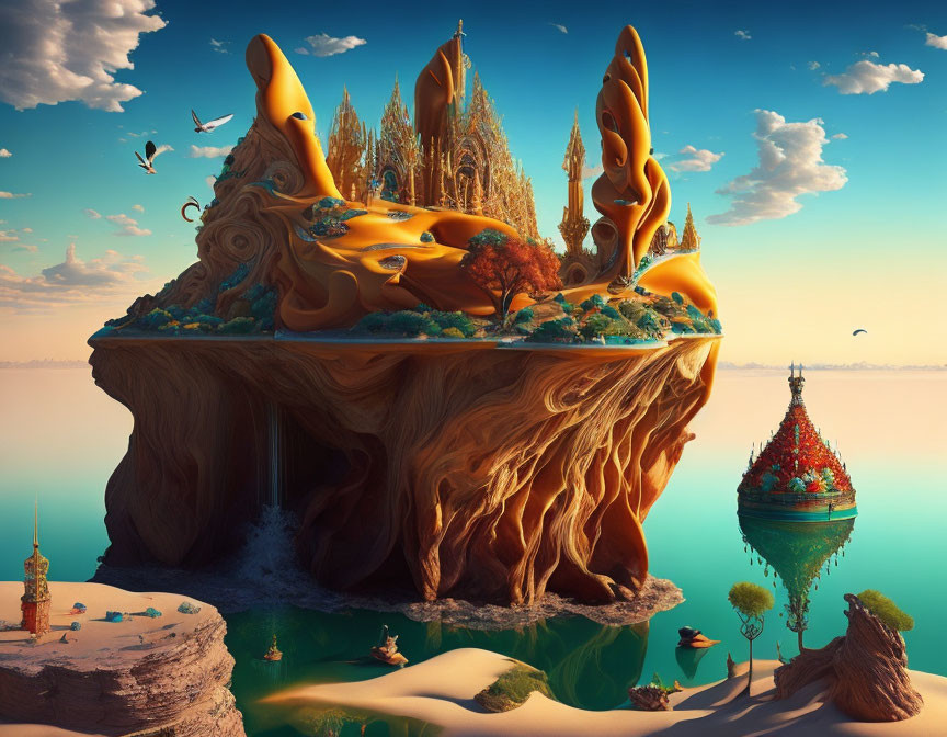 Surreal floating island with golden structures, trees, waterfalls, and clear skies