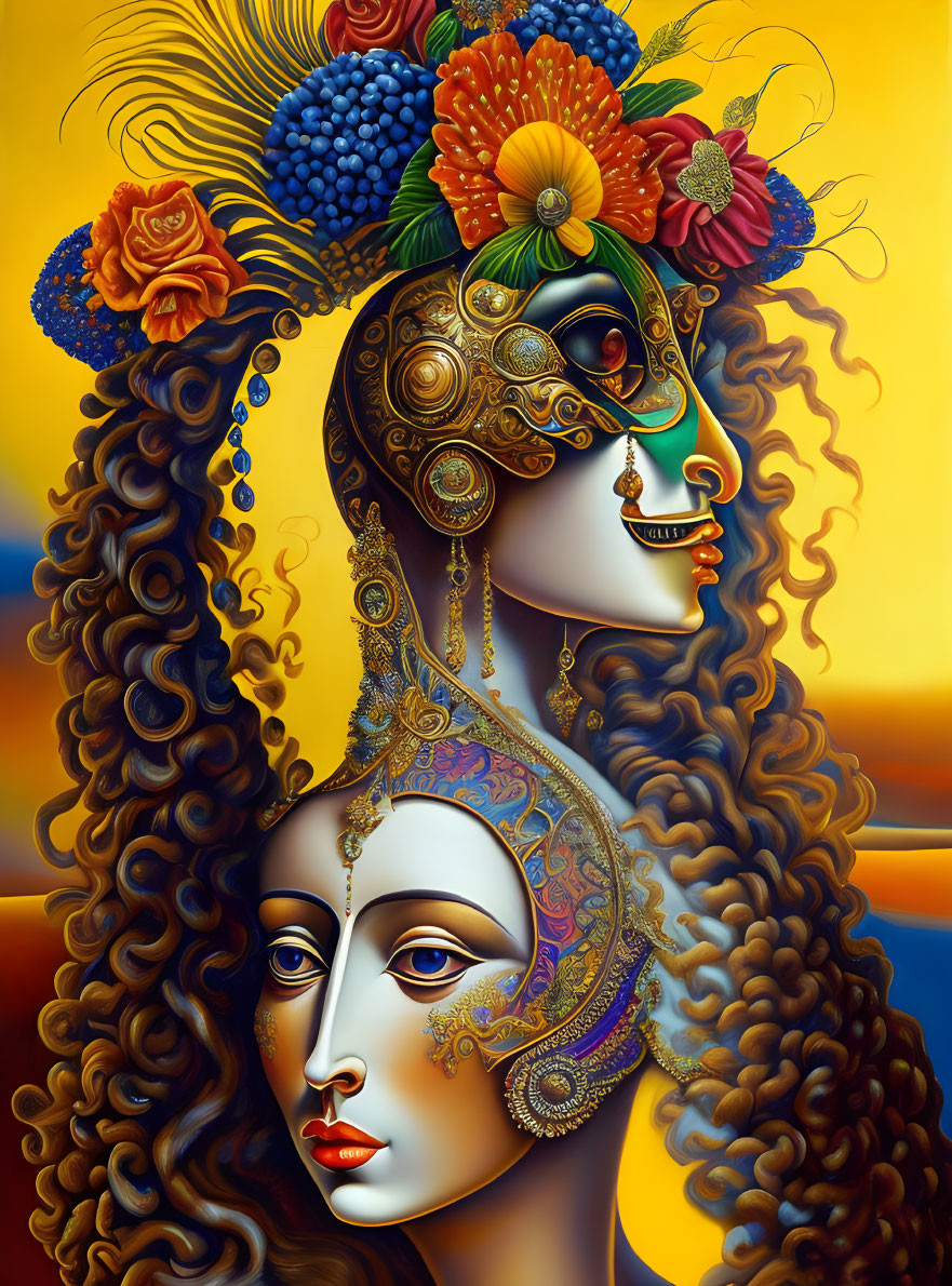 Vibrant dual female profile portrait with floral and gold details on yellow backdrop