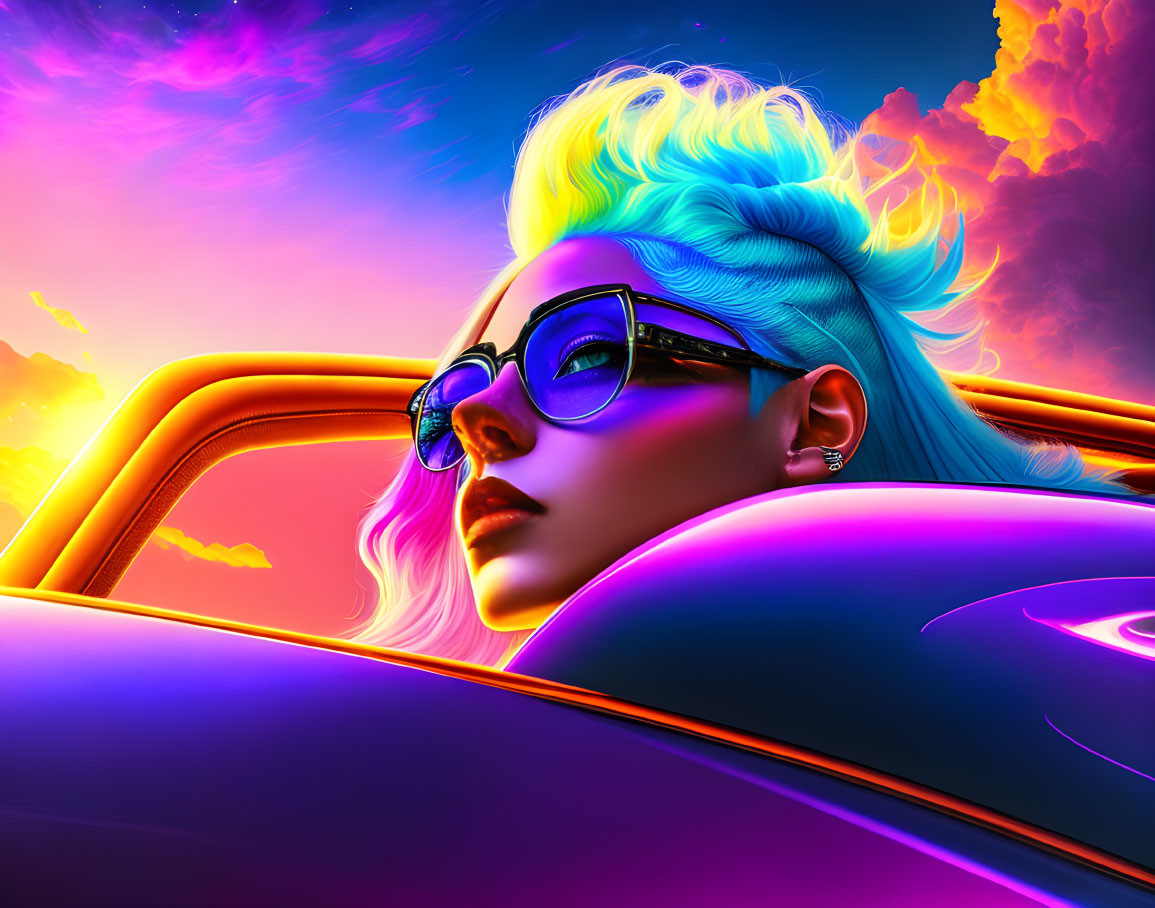 Woman with Blue Hair in Sunglasses in Car Against Surreal Sunset Sky