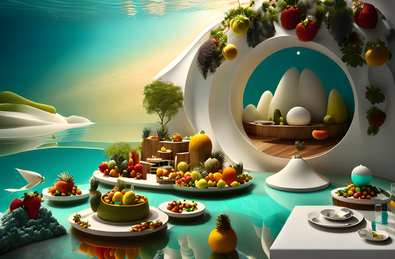 Fruit-themed room with surreal design elements