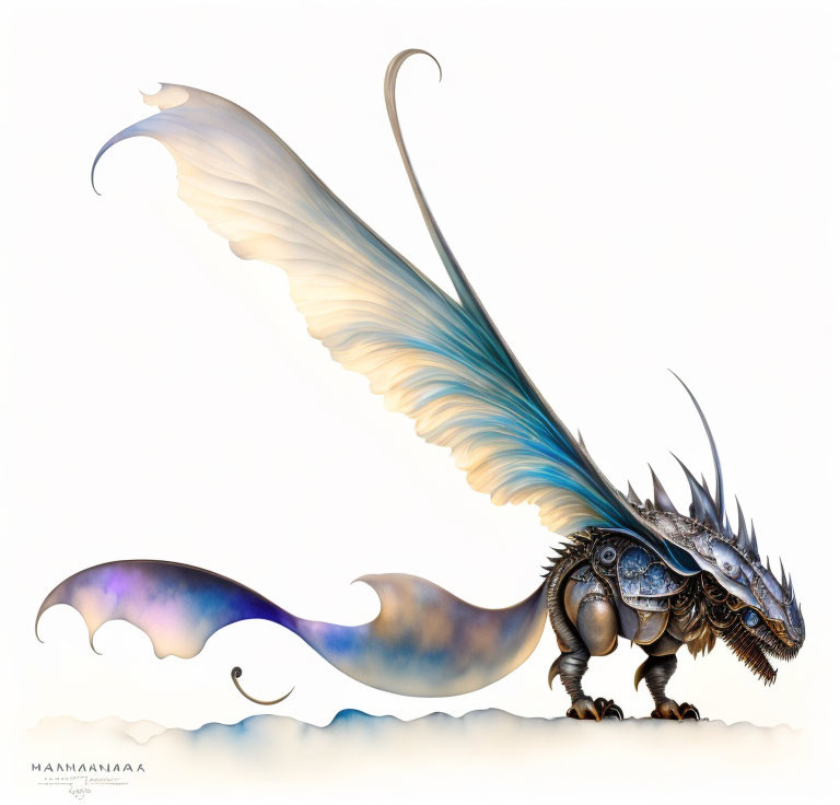 Majestic dragon with blue and purple wings, intricate scales, and curving horns