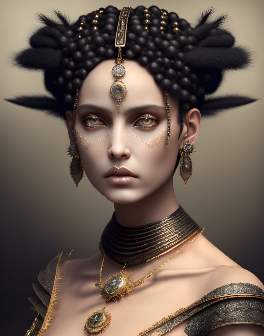 Digital portrait of woman with dark hair and gold jewelry and ornate face designs