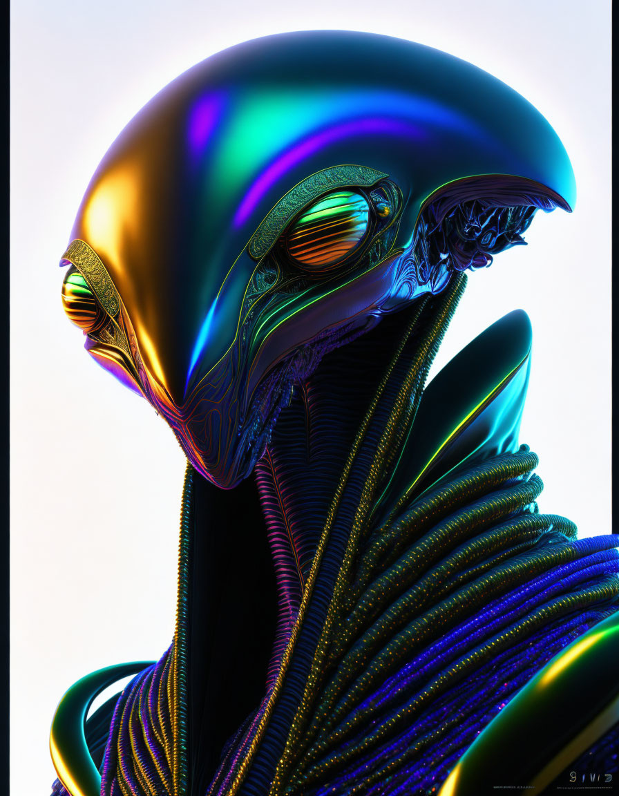 Reflective metallic alien creature with blue and purple hues, yellow eyes, and coiled structures.