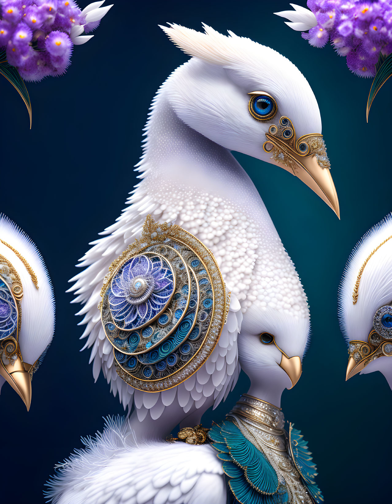 Digital artwork of white birds with golden steampunk accents among purple flowers on blue backdrop