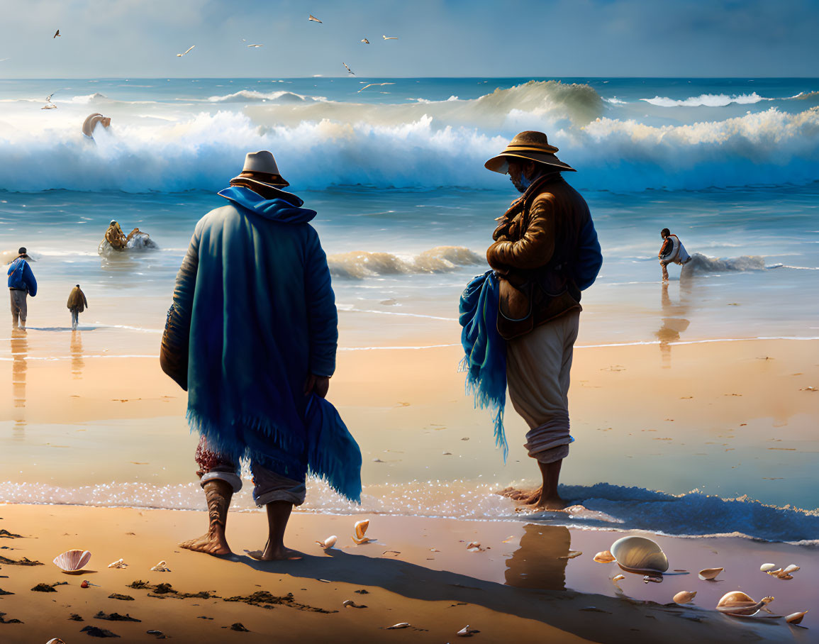 Two people in wide-brimmed hats and ponchos on sandy beach with crashing waves.