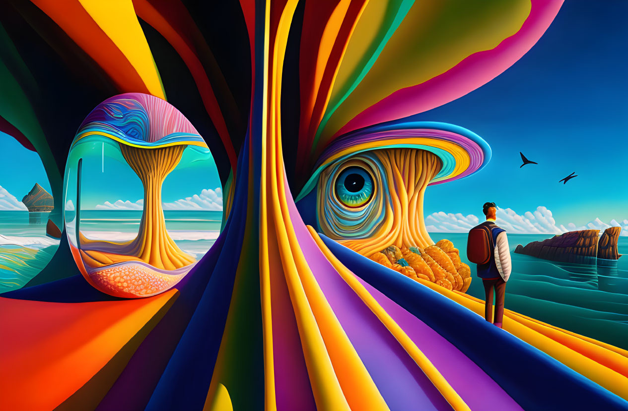 Surreal landscape with vibrant colors and fantastical structures