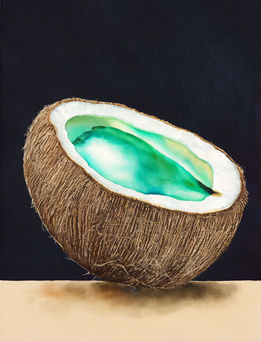 Halved Coconut Watercolor Painting on Beige Surface