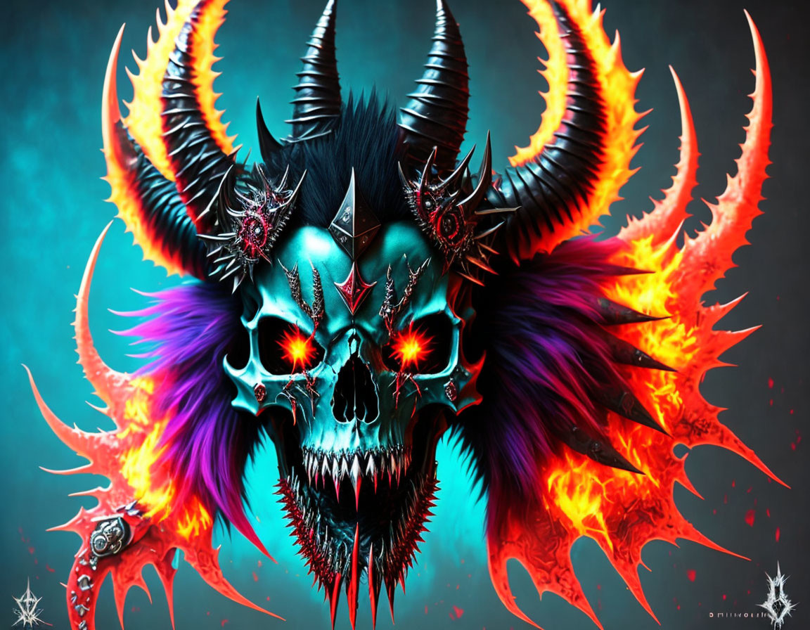 Vibrant skull with horns, glowing eyes, and flaming wings on dark background