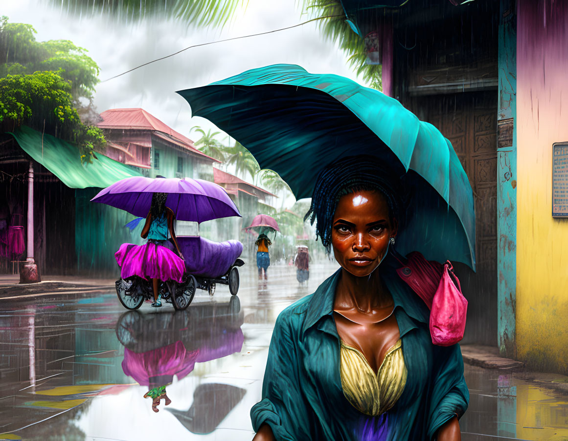 Woman with Blue Umbrella on Rainy Street with Reflections