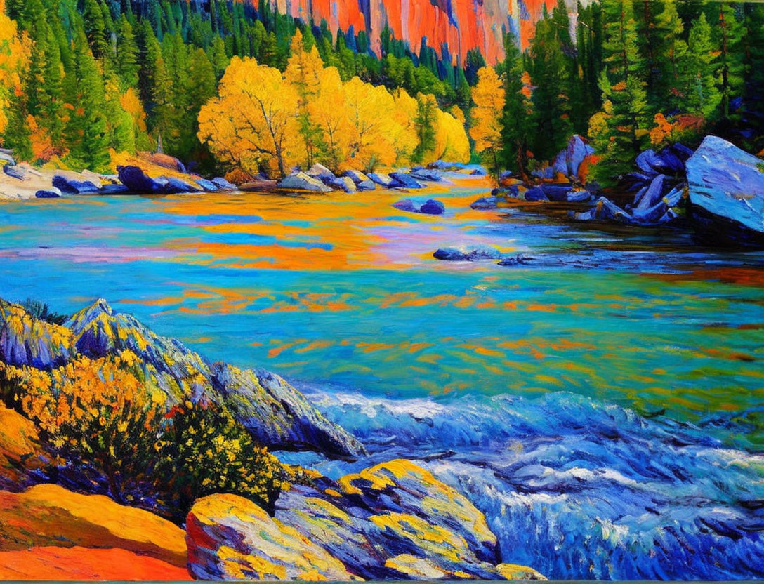 Colorful River Painting with Autumn Foliage & Rocks