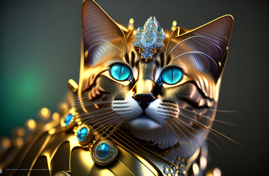 Double-headed cat digital artwork with golden jewelry and blue gemstones on soft-focus background