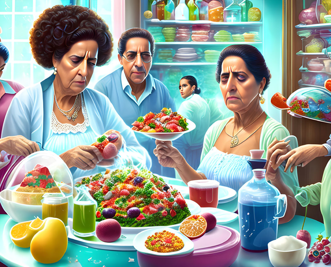 Illustration: Three adults unhappy with food at colorful kitchen feast