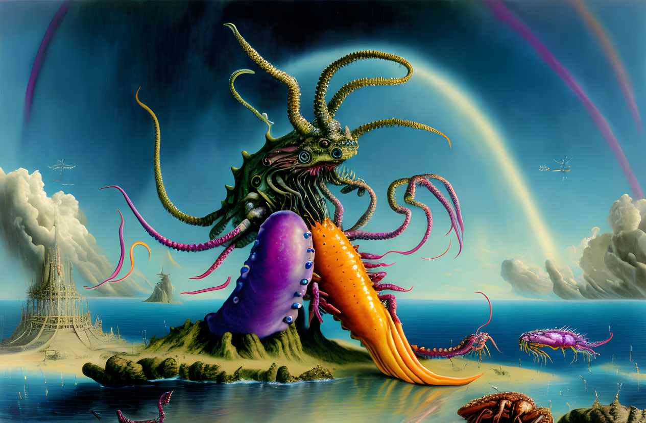 Fantasy Artwork: Colossal Octopus on Island in Surreal Seascape